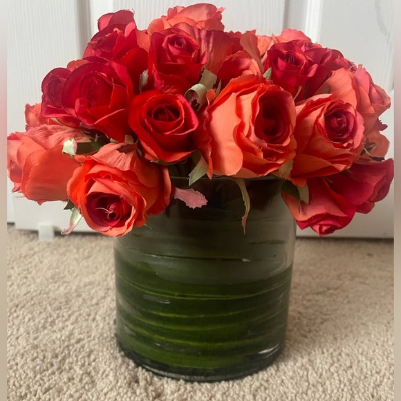Red roses fake flower bouquet in a glass container bought from Horchow - Picture 2 of 6